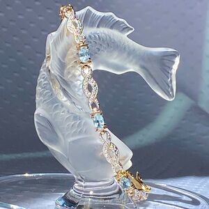 Sterling Silver 925 Two Tone Blue Topaz Gemstone Bracelet Size 7.25